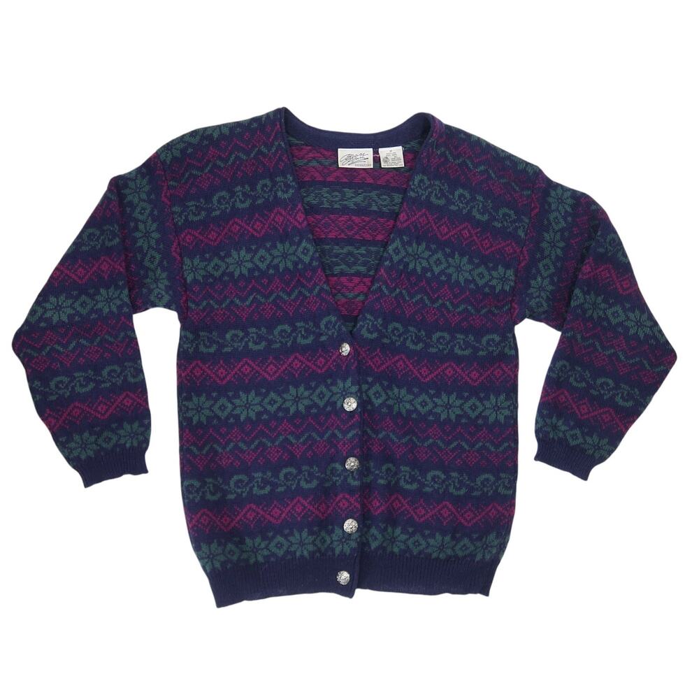 Vintage 90s Nordstrom Navy Blue Green Snowflake Shetland Wool Cardigan Sweater M